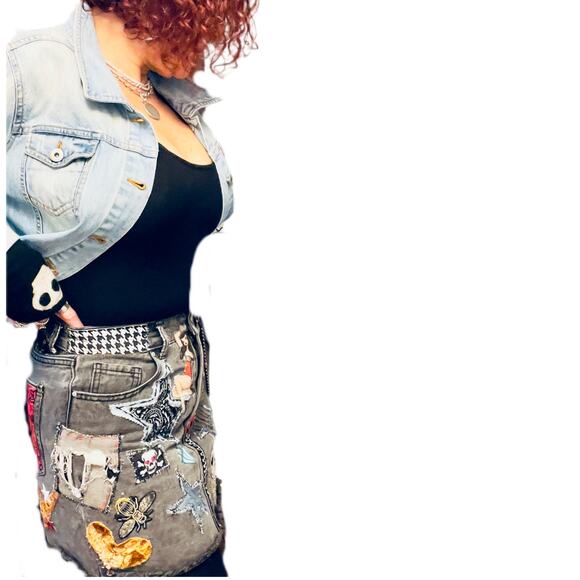 Women's Cotton On Black Denim Mini Skirt , Reworked, skulls, stars, patches pins - Picture 3 of 8